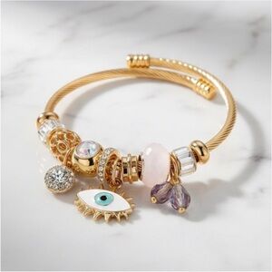 Gold Evil Eye Charm Cable Bangle Bracelet - Protection Jewelry